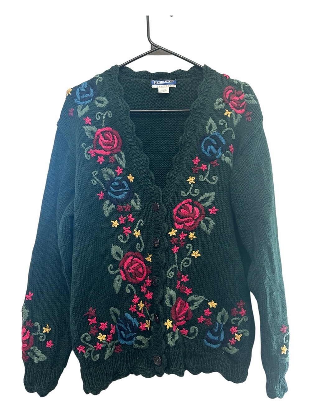 Vintage Y2K Pendleton Dark Green Floral Embroidered V-Neck Cardigan Sweater S